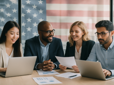 Diverse professionals collaborating in office with US flag background symbolizing H1B visa jobs