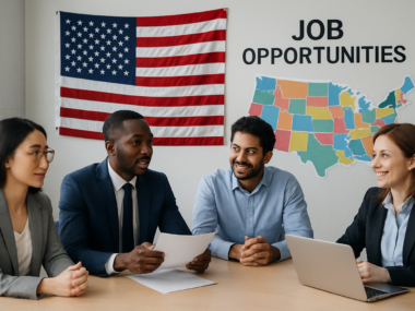 International professionals discussing visa sponsorship jobs in the USA